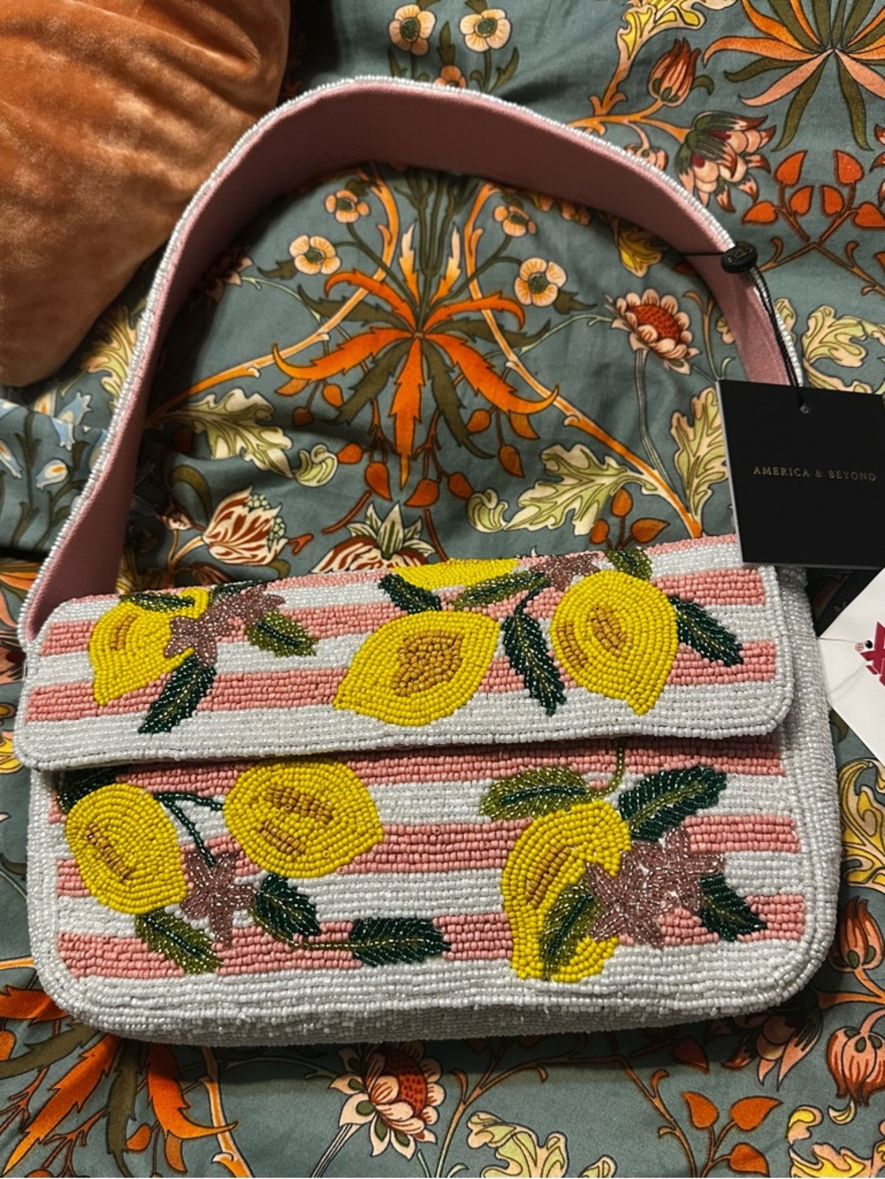Pink Beaded Lemon Stripe Shoulder Bag - Picture 4 of 8